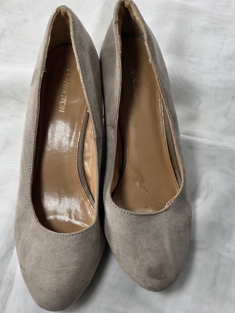 Covington Taupe Suede Round-Toe Pumps